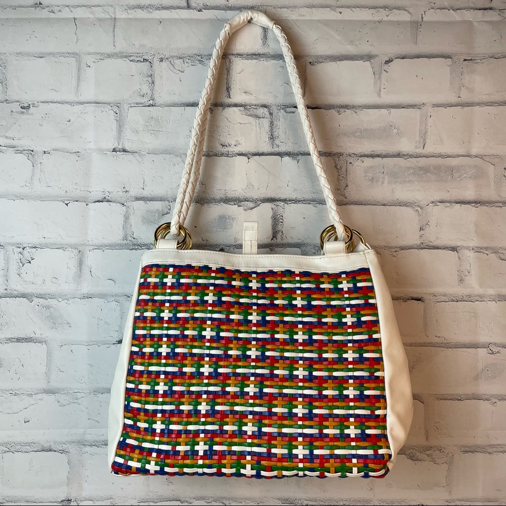 Vintage Woven faux leather purse Colorful Woven handles Shoulder Bag